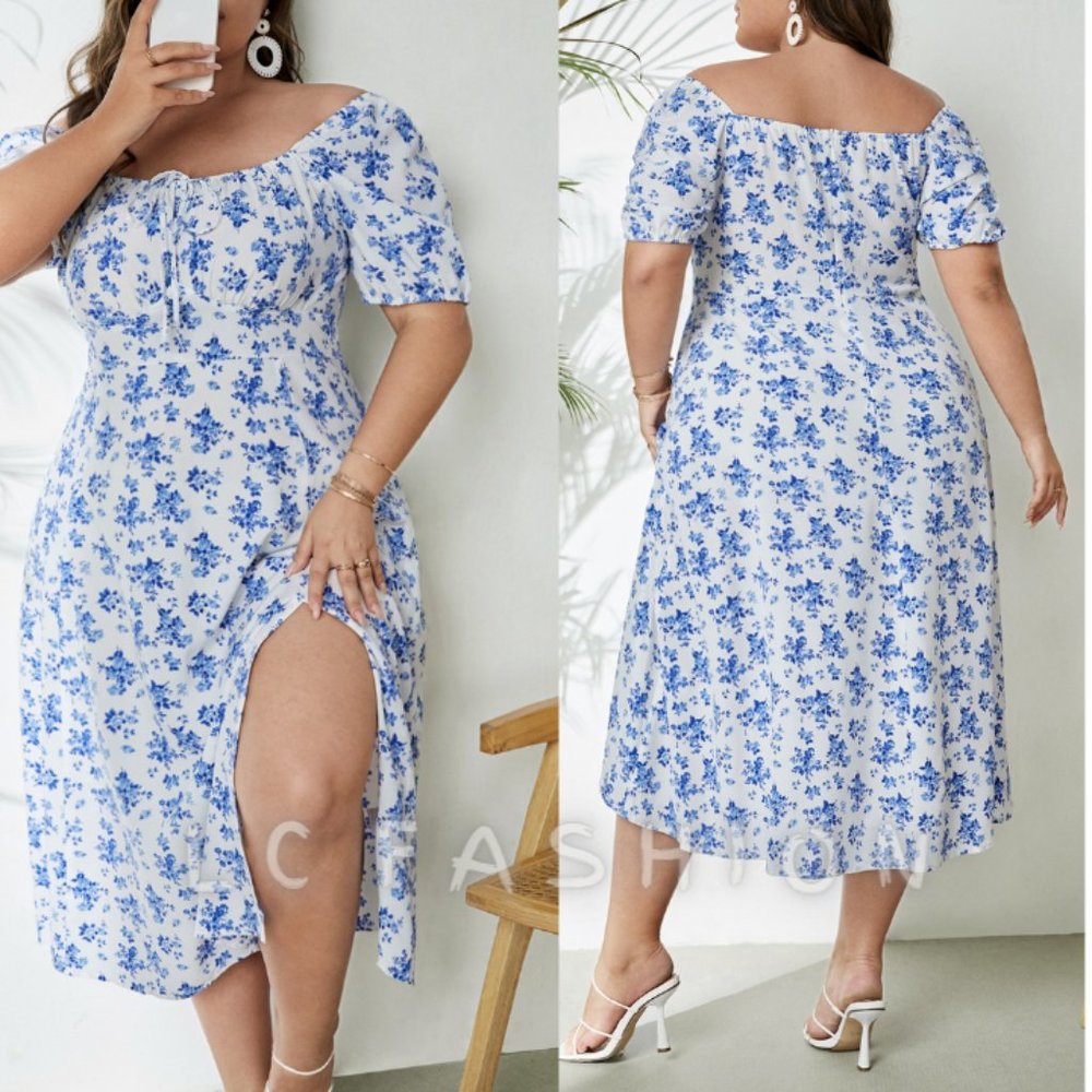 Plus Boho Dress, Floral Print Puff Sleeve Knot Front Split Thigh Dress - Picture 1 of 7